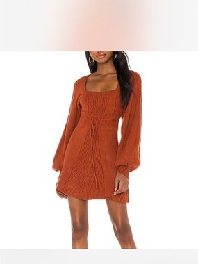 Free People Rust Cable Knit Square-Neck Sweater Dress
